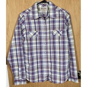Wrancher by Wrangler Pearl Snap Western Shirt Purple Yellow Plaid Women's Sz Lg